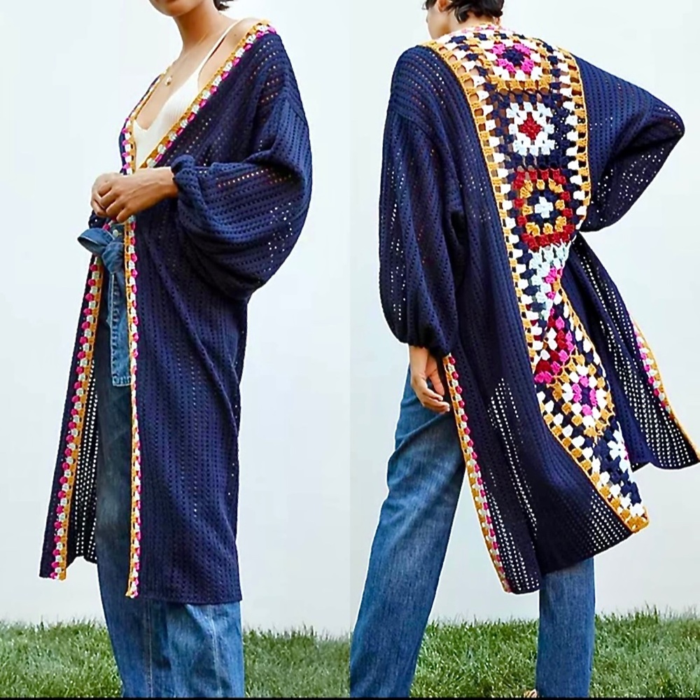 Anthropologie Square Crochet-Trimmed Duster Kimono OS - Please see measurements